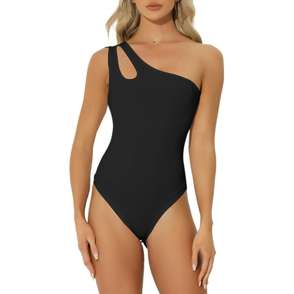 CAMISETA LEOTARDO REFINADA para mujer, de un solo hombro, de punto acanalado, ajuste ceñido, bodysuit, tops de tanque, color negro