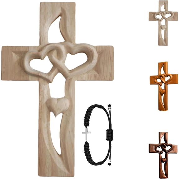 Handmade Wooden Cross with Intertwined Hearts – Carved Love Symbol Wall Decor – Rustic Religious Christian Wood Art for Wedding Anniversary Christmas Gift (Off-white, 1)