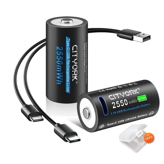 CITYORK 16350 CR123A Battery, 2-Pack 2550mAh Lithium-ion TYPE-C Quick Charge USB Rechargeable CR123A Battery for High Intensity Flashlight, Home Safety, Security Devices (Not D Size Battery)