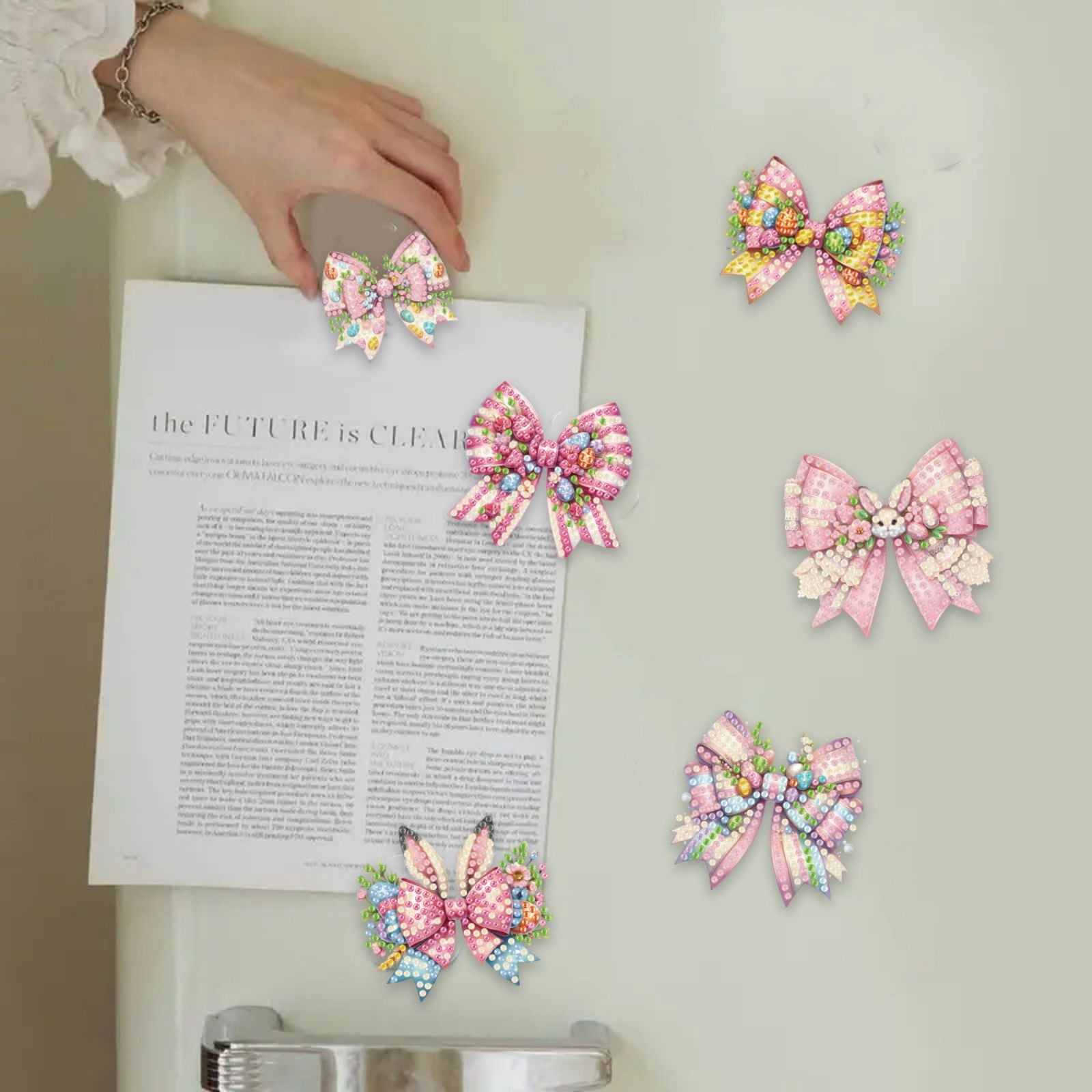 FLOPESN 6Pcs Holiday DIY Diamond Art Painting Refrigerator Magnet,Creative Design Easter St. Patrick's Day Acrylic Home Decors-Bow