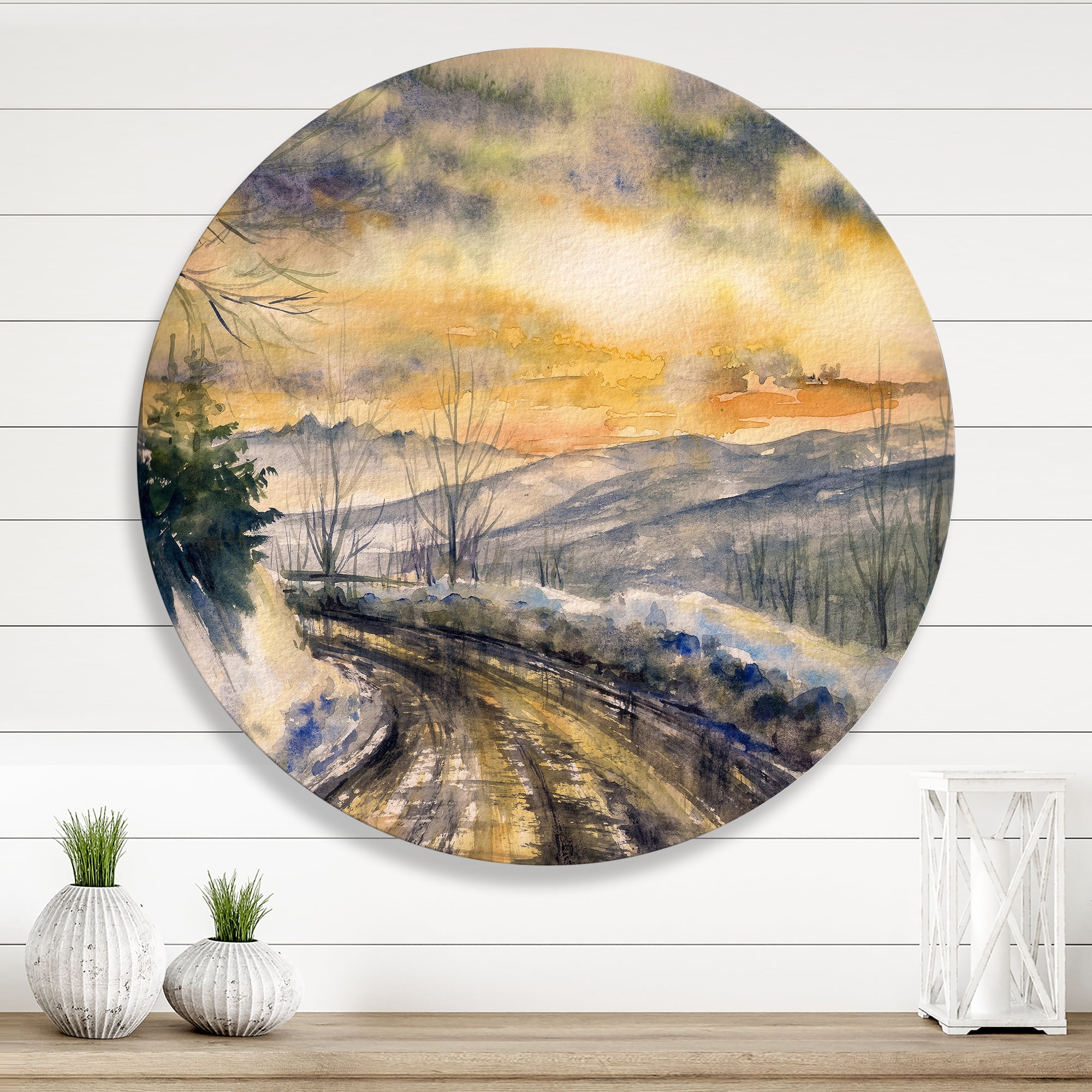 Designart 'Road Under Bright Sunset With Winter Landscape' Traditional Circle Metal Wall Art 11x11 - Disc of 11