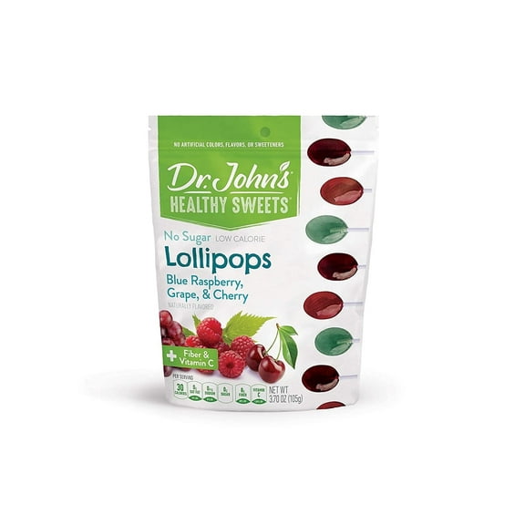 Dr. John's Healthy Sweets Lollipops Blue Raspberry, Grape, Cherry with Fiber and Vitamin C, 3.70 oz