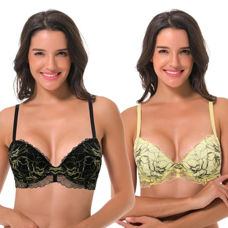 

Curve Muse Women s Underwire Plus Size Push Up Add 1 and a Half Cup Lace Bras-2PK-Black Yellow-38B