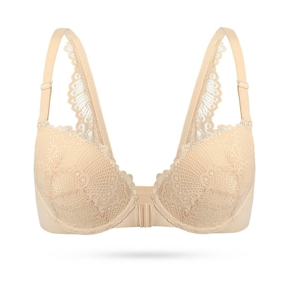 YANDW Front Closure Bras for Women Lace Unlined No Padded Soft Underwire Everyday T-shirt Bra, Beige 38B
