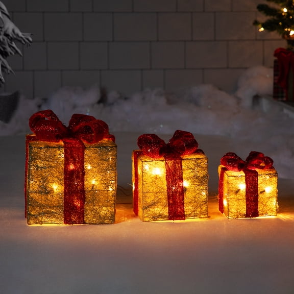 Northlight Set of 3 Lighted Gold and Red Gift Boxes Christmas Outdoor Decorations 10"