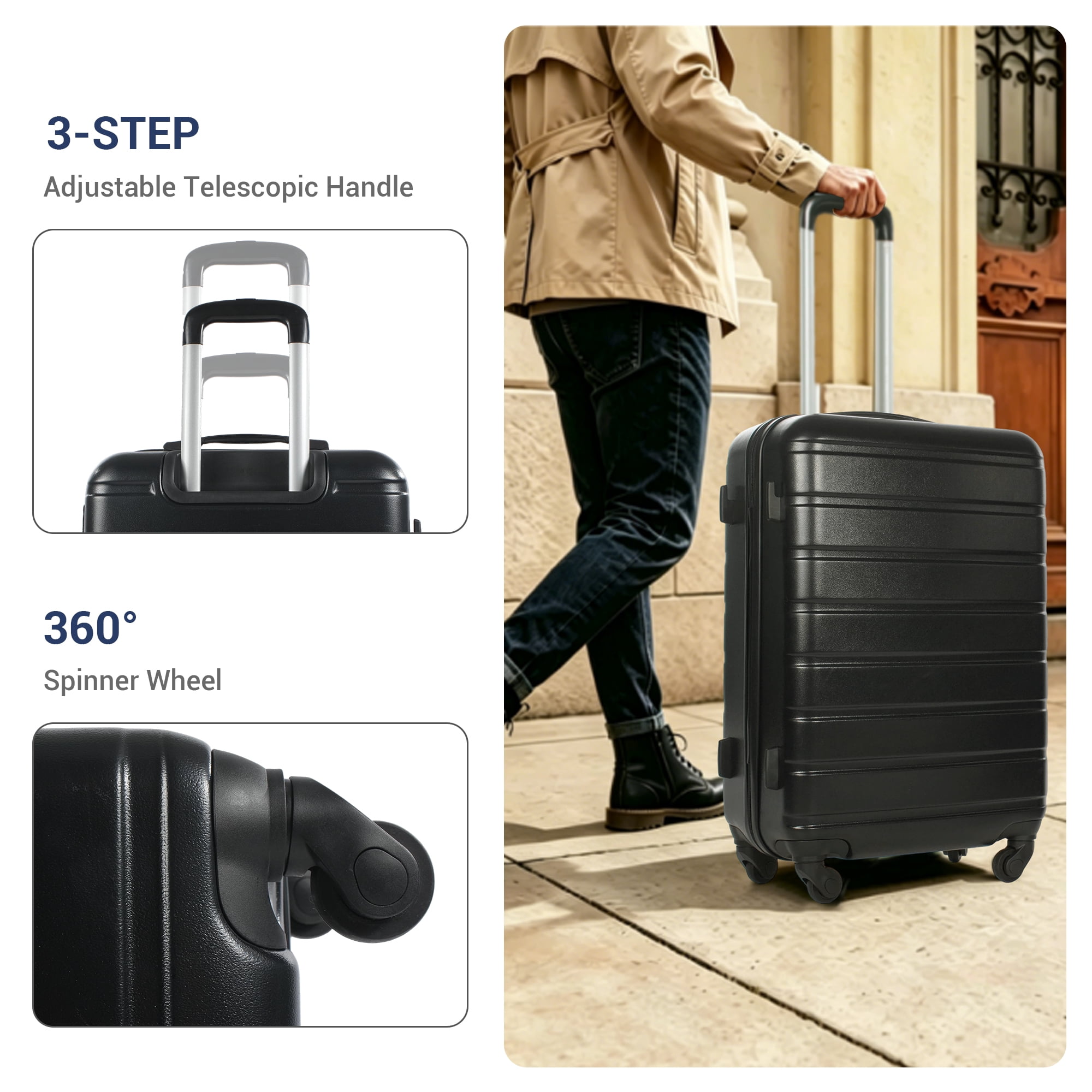 NiceTravel Luggage Set (20/24/28 inch),Hard-shell suitcase with Cup Holder(20"), Combination Locks & 360° Spinner Wheels, Black