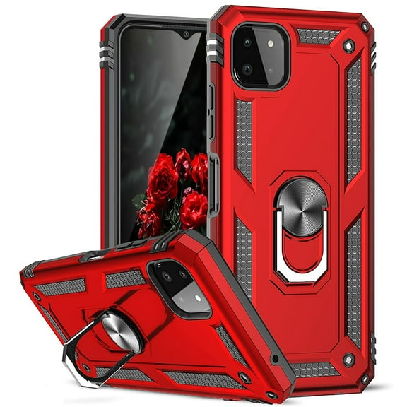 TJS for Boost Mobile Celero 5G 2021 Phone Case, Impact Resistant Metal Ring Magnetic Support Kickstand Drop Protector Cover (Red)