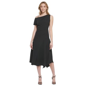 calvin klein black high low dress CALVIN KLEIN Womens Black Slitted Lined Elastic Waist Pullover Polka D –  Bobbi + Bricka main image 1