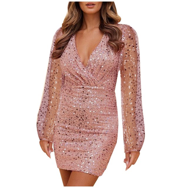 Robes Aguichant à Col en V Profond pour Femmes, Robe à Sequins, Manches Longues, Robe Portefeuille Froncée, Coupe Ajustée, Robe de Cocktail Boîte de Nuit Soirée Mini