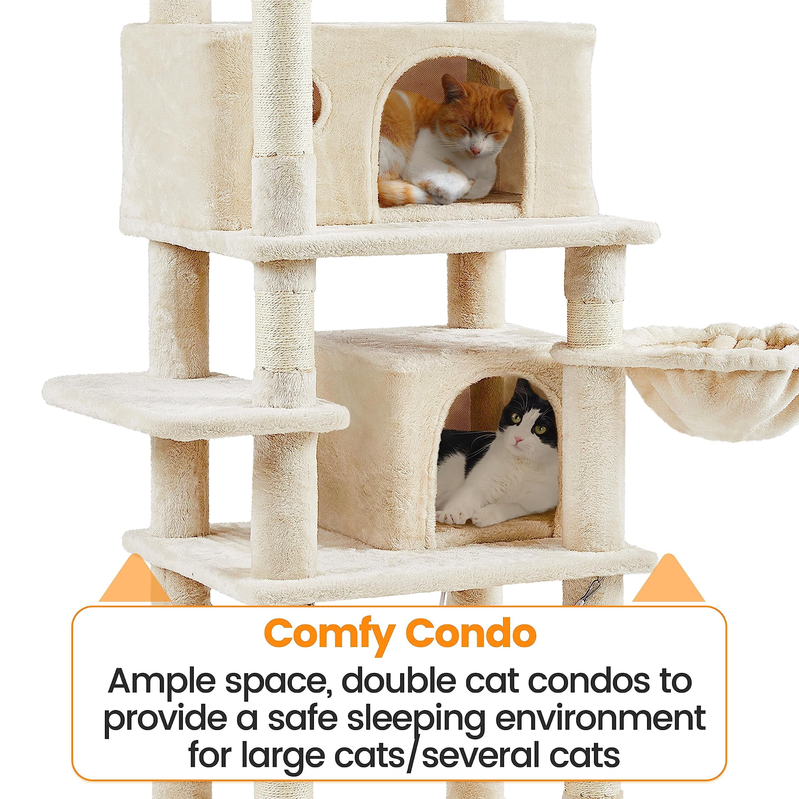 Cat Tree for Indoor Cats, 67 Inch Tall Cat Tower with Scratching Posts, Multi-Level Cat Condo with Removable Fur Ball Toys, Cozy Perch, Soft Hammock, Modern Cat Climbing Furniture, Beige