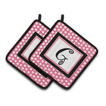 Letter G Monogram - Pink Black Polka Dots Pair of Pot Holders