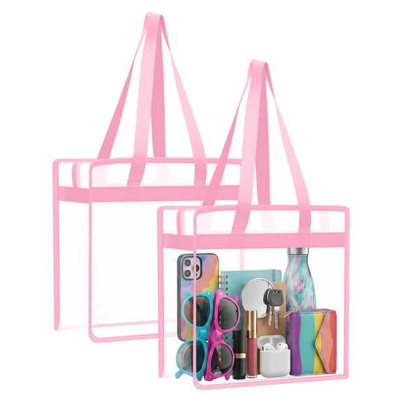 Clear Tote Bag Stadium Approved 12x12x6, 2 Pack Heavy Duty PVC Clear Tote with Zipper for Concerts, Work & School, Pink