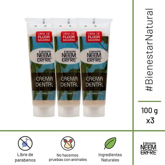 Pack de 3 Cremas dentales libre de flúor Bienestar NEEM ERFRE 100 g c/u