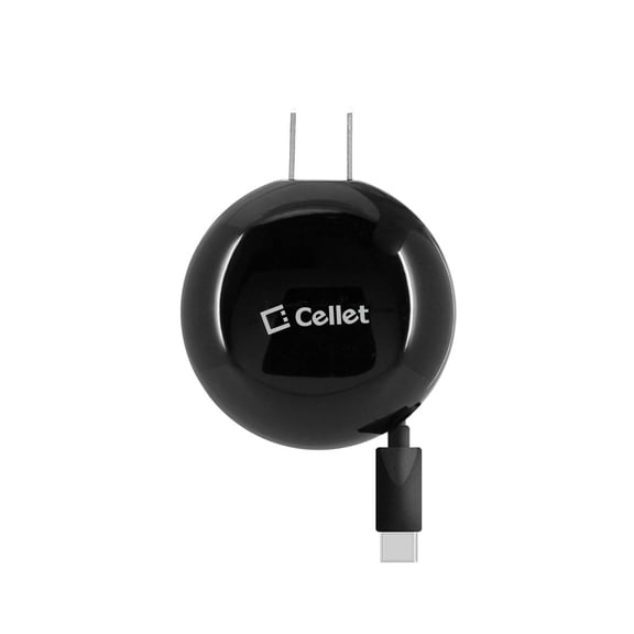 Cellet Wall Charger for Cricket Outlast - 15W Type-C Fast Charging Home Travel Power Adapter - Retractable 2.3 Foot Cable - Black