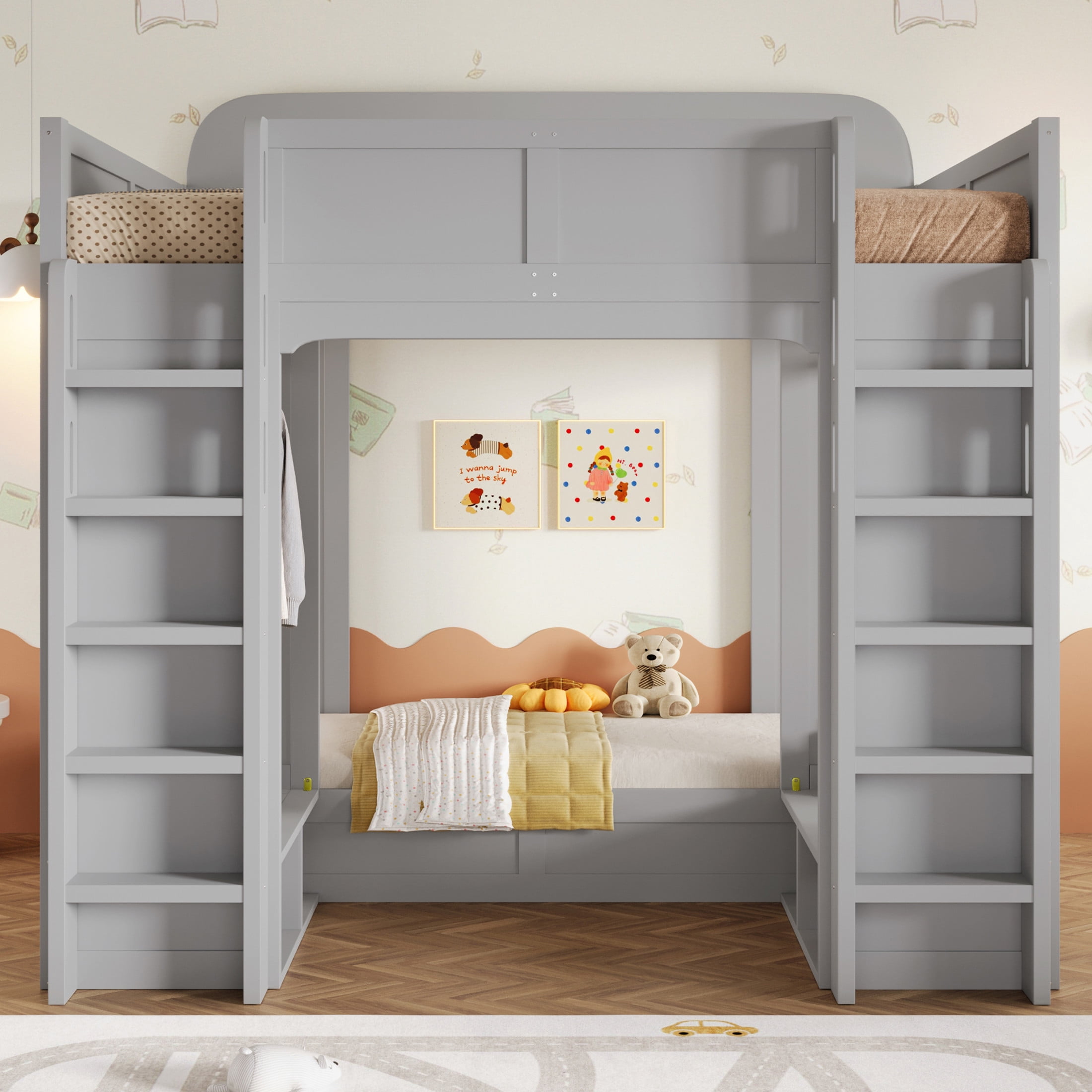 Noble House Triple Bunk Bed, Twin + Twin over Twin XL Loft Bed with Storage Shelves and Hooks, Space Saving, Gray