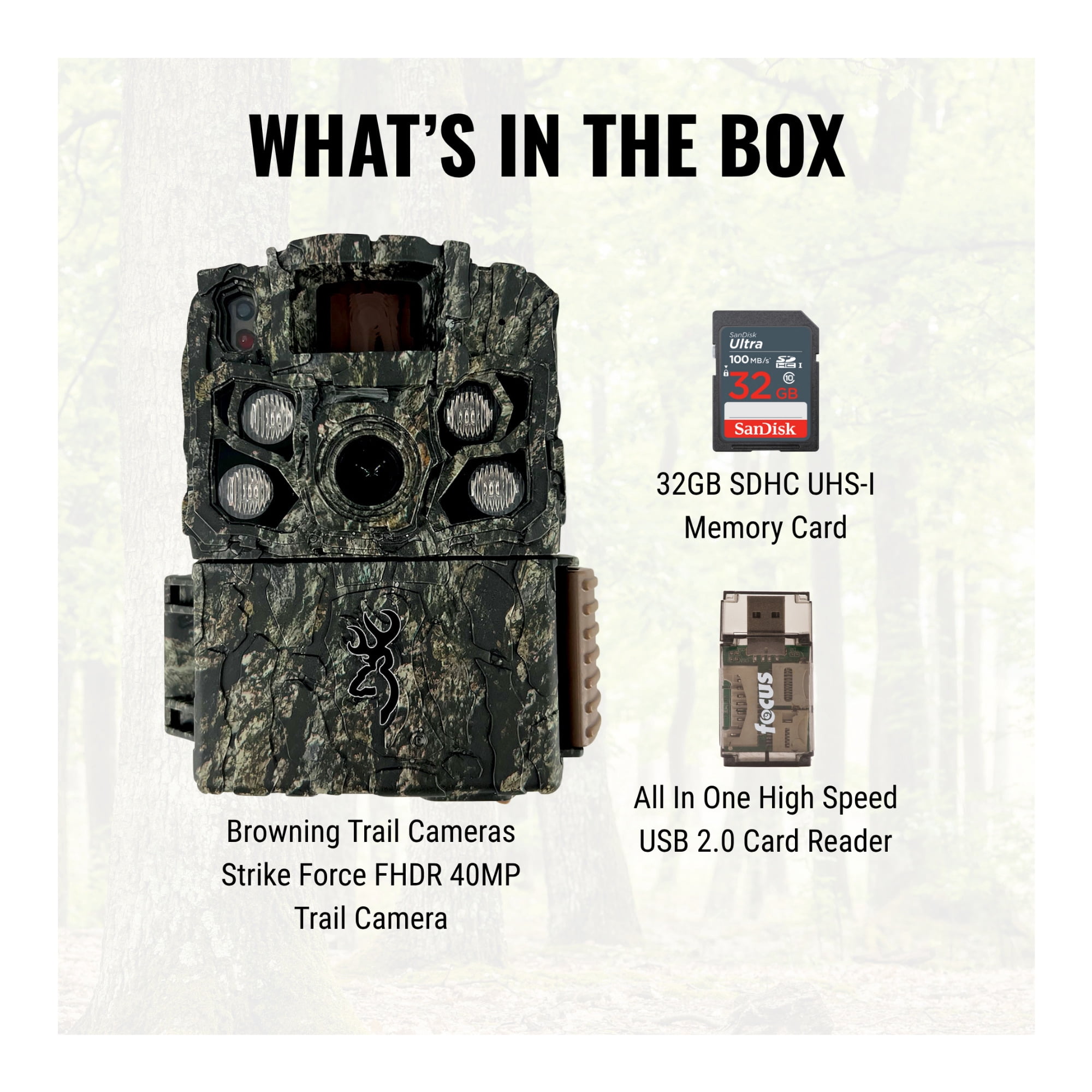 Browning Trail Camera - Strike Force FHDR 40MP Trail Camera Bundle with 32GB Memory Card and Card Reader (3 Items)