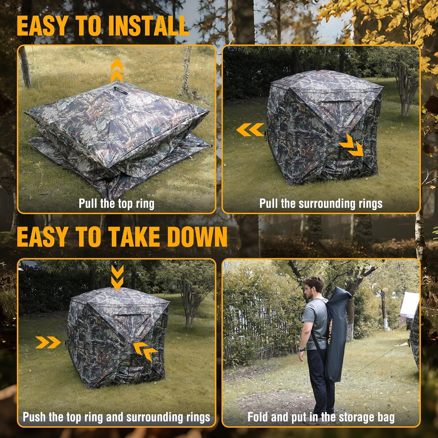 FLISSA Hunting Blind See-Through with Full-Opening Door, Ground Camouflage Tent, 270 Degree, Portable and Durable 300D Reinforced Blind for Turkey, Deer, and Bear Hunting