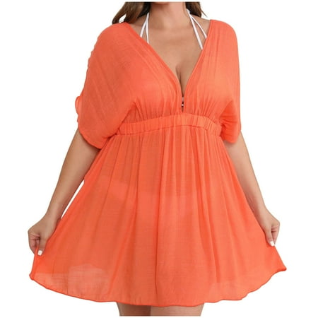 Up to 65% off!Summer Dresses for Womens 2025 Plus Size Fashion Solid Color Short Sleeved V-neck Waist Cinching Skirt Pleated Beach Bikini Cover Up Short Sleeved V-neck Dress