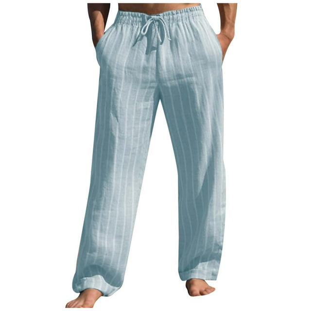 VBARHMQRT Pantalon de Survêtement pour Homme Pantalon d'Été en Lin pour Homme à Rayures Droites Confortable et Respirant Pantalon Extensible d'Extérieur avec Cordon