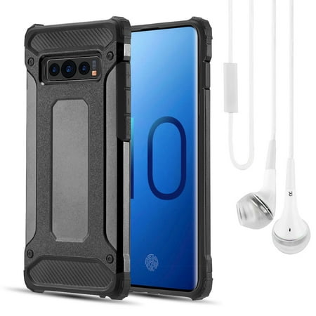 BUNDLE: Rugged Performance Dual Layer Hybrid Case for Galaxy S10 (Black) & Deluxe Stereo Hands-Free Headset - Ultra Slim Port Covers Bumper Corner Protection Shock Absorption Raised Lip Guard