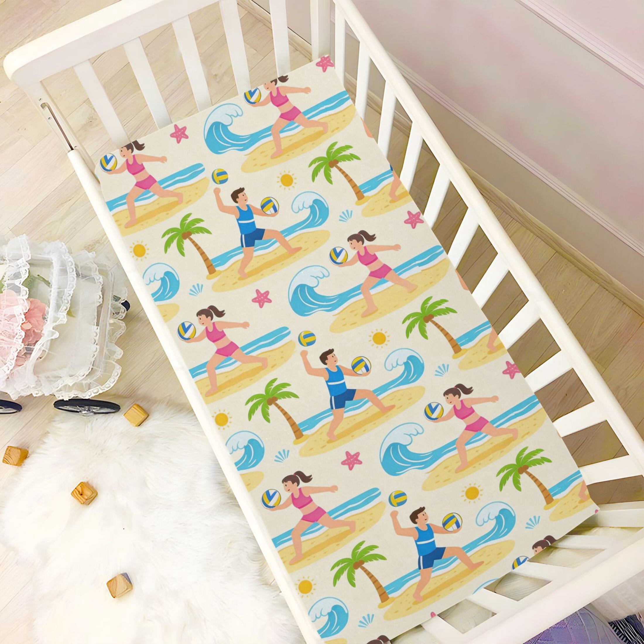 Baby Essentials 52”x 28”- Standard Cotton-like Modal Elastic- Beige Volleyball Design Crib Sheets for Newborns and Toddlers