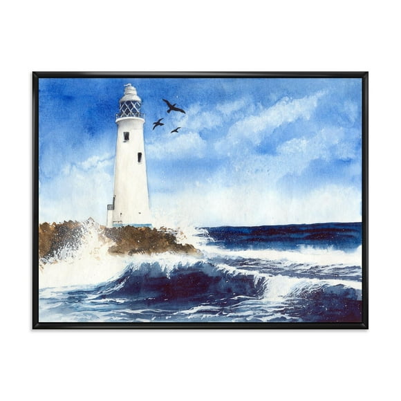 Designart Lighthouse On The Rocky Island With Seagulls FLOAT FRAME WALL ART