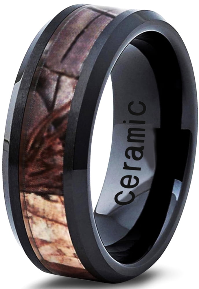 Comfort Fit Wedding Band Mens 8mm Beveled Edge Black Ceramic Ring w/ Red Carbon Fiber Inlay Center s11