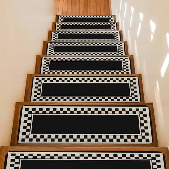 Black Square Non-Slip Stair Treads for Wooden Steps, 15 Pack 8x30 Inches Carpet Stair Mats with Adhesive Backing, Noise-Reducing Step Covers for Indoor Stairs, Easy to Install & Residue-Free