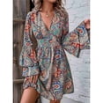 thumbnail image 4 of Vestido Corto Bohemio con Cuello en V, Mangas Acampanadas, Cintura Elástica y Cordón Ajustable para Mujer de Colores S, 4 of 9