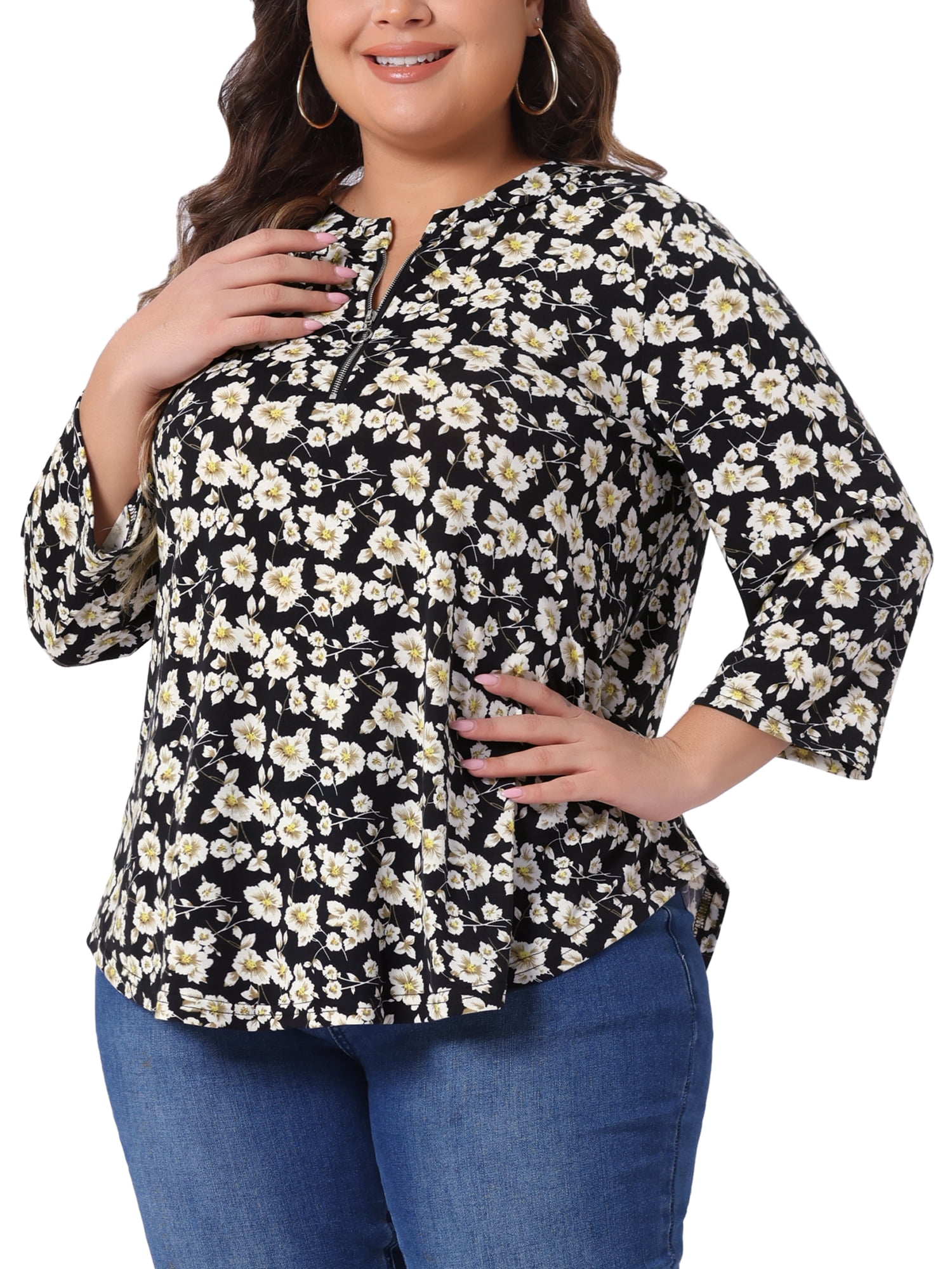 DARING DIVA Women' Plus Size 3/4 Sleeve Zip Up Floral Print V Neck Blouse 4X Black