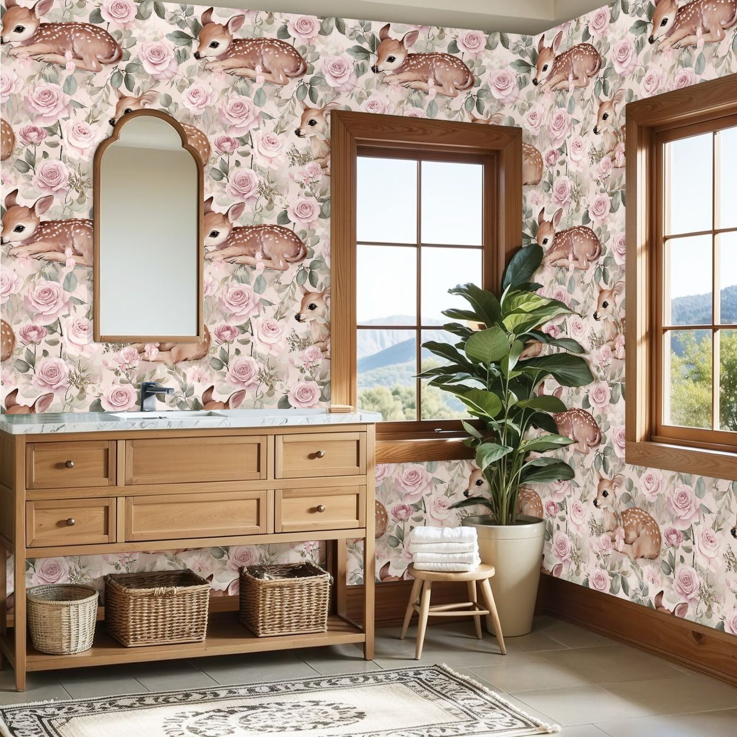 Farmhouse Peel and Stick Wallpaper 23.6in x 9.8ft Baby Deer Fawn Floral Seamless Pastel Pink Contact Paper Vinyl Waterproof Self Adhesive Wall Paper for Bedroom Shelf Cabinet Renter Friendly