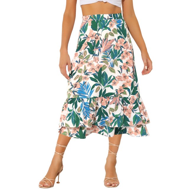 Falmidi fluicon dobladillo con volantes escalonados y cintuelástiestampapamujer Blanco Rosa-floral S