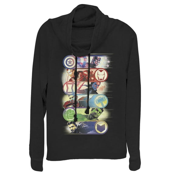 Junior's Marvel Avengers: Endgame Hero Swipe Button  Cowl Neck Sweatshirt Black X Large