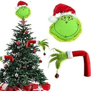 Furry Green Head for Christmas Tree Decorations, Christmas Elf Body Decorations Stole Christmas, Furry Plush Doll Green Grinch Arm Ornament Holder for Christmas Party (Arm+Head)