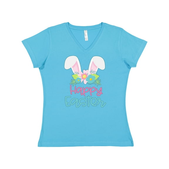 Inktastic Happy Easter with Bunny Ears and Flowers Women's V-Neck T-Shirt