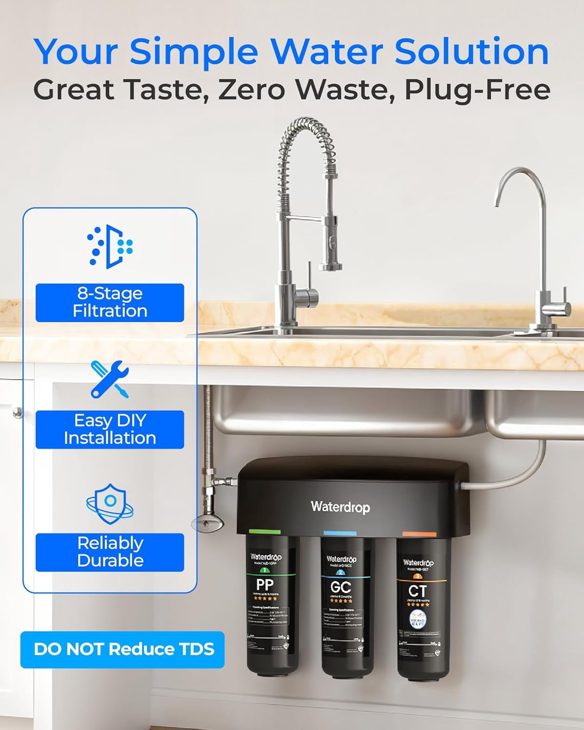 Restored Waterdrop TSB 8 Layer Under Sink Water Filter, Reduces PFAS, PFOA/PFOS, Fluoride, Chlorine, Bad Taste & Odor, with Dedicated Faucet, Under Sink Water Filtration System (Refurbished)