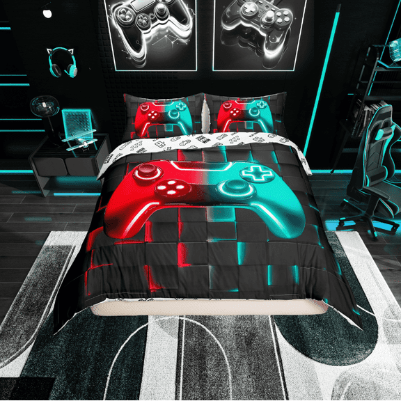 Erosebridal Video Game Duvet Cover Twin, Neon Red Cyan Gamepad Bedding Sets Twin Size, Contemporary Buffalo Room Decoration, Reversible 2pcs (No Comforter)