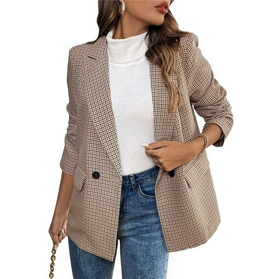 Women's Lapel Collar Plaid 2 Button Boyfriend Blazer Suit Houndstooth Work Office Blazer Jacket Khaki XL