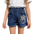 thumbnail image 2 of Angala Toddler Girls Shorts Floral Applique Jean Shorts Elastic Waist Summer Fashion Comfortable Dailywear Baby Girls Shorts Size 2-3 Years Blue, 2 of 4