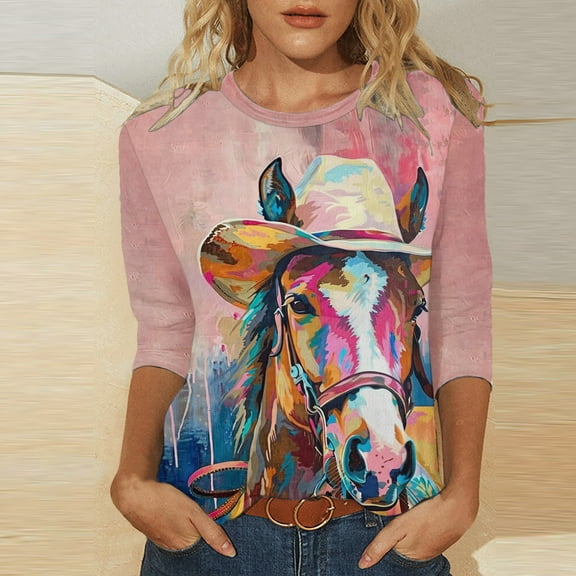 Wkishenl Women's Shirts 3/4 Sleeve Length,Womens Tops Casual Plus Size Tunic Tshirt 3D Pink Horse Graphic Tee Vintage Western Cowgirl Shirt 3/4 Sleeve Crewneck Blouse Pink,XXL