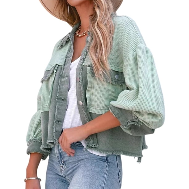 Chaqueta Informal de Larga con Solapa para Mujer, Otoño e Invierno, con Lavado y Cepillado en Color Contrastante. Verde L