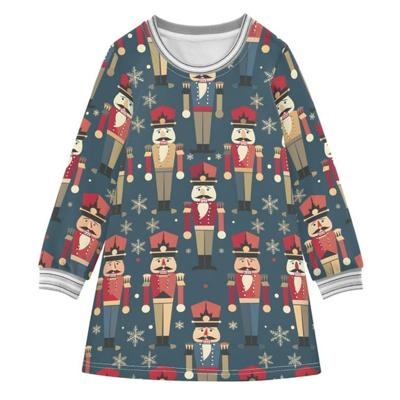 Girls' long-sleeved dress Nutcracker Pattern Girls' A-line dress with ribbed cuffs Soft and comfortable