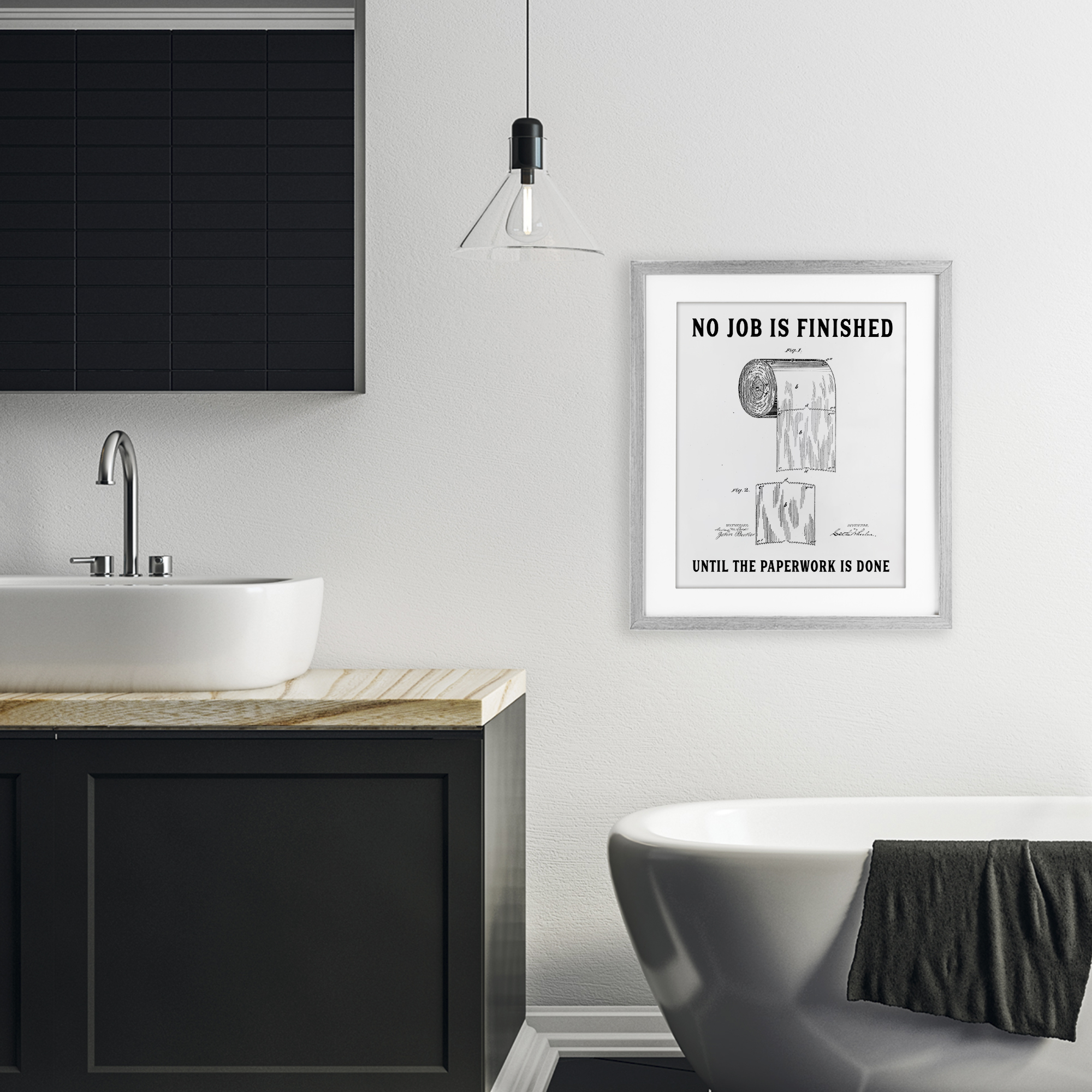 No Job Finished Toilet Paper Gray Framed Print Under Glass, design by Lettered and Lined