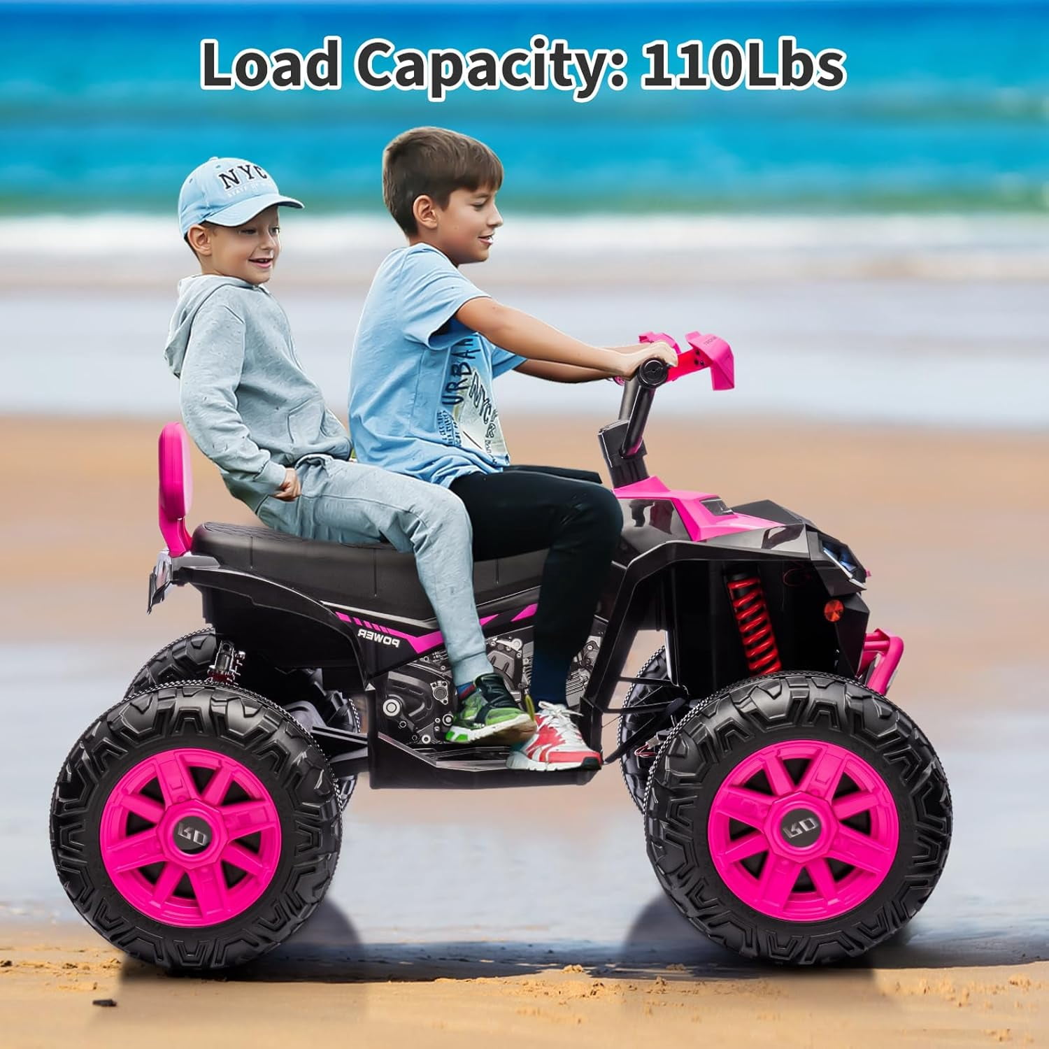 24V Ride-On 2-Seater Electric ATV for Kids – Four-Wheel Off-Road Vehicle with 3-Speed Control, Hydraulic Suspension, Disc Brakes, LED Lights, MP3 Player & Multi-Axis Steering, Pink