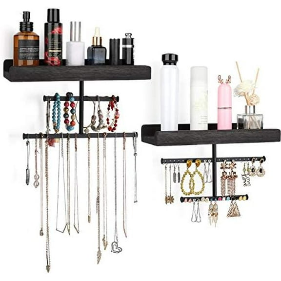 Hanging Wall Mounted Jewelry Organizer with Rustic Wood Jewelry Holder Display for Necklaces Bracelet Earrings Ring Set of 2 Black,[Patented]