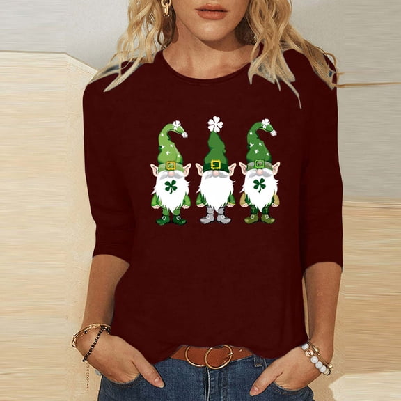 St. Patrick's Day Festive T-Shirt for Women Gnomes Shamrock Graphic Crewneck Long Sleeve Relaxed Fit Soft Breathable Holiday Tee Top