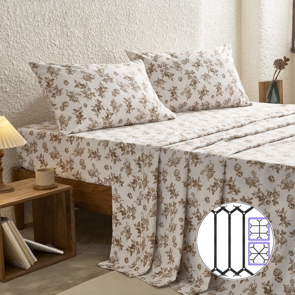 Floral Bed Sheet Set Queen 4-Piece with Sheet Straps, Deep Pocket Cottagecore Botanical