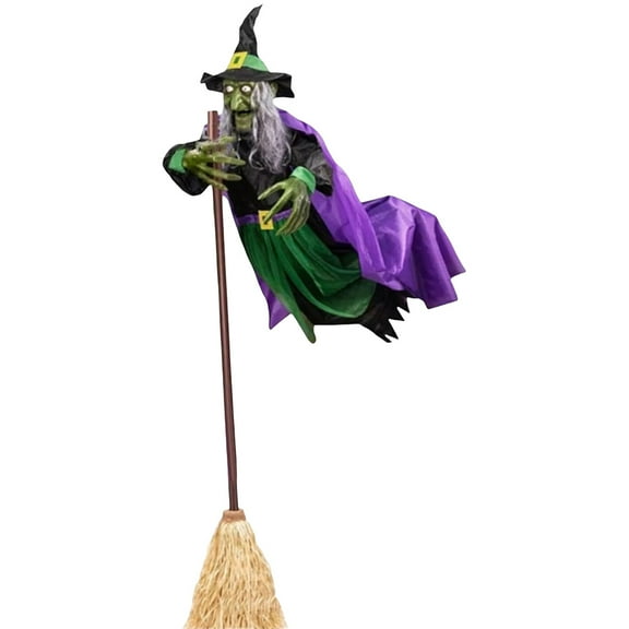 KGOTA Halloween Flying Witch on Broom Decor with Luminous Eyes Animatronic Flying Witch 180cm Outdoor Hovering Witch for Garden Yard Lawn
