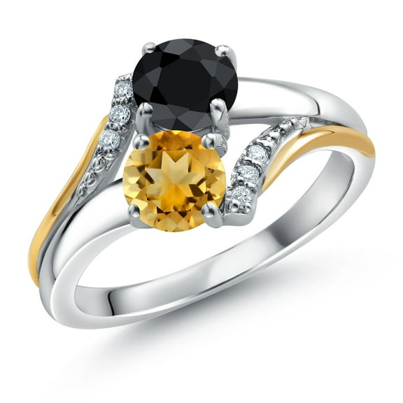 10K Yellow Gold and 925 Silver Yellow Citrine and Black Sapphire and White Lab Grown Diamond Accent Engagement Ring for Women (1.44 Cttw, Gemstone November Birthstone, Round 5MM, Size 9)