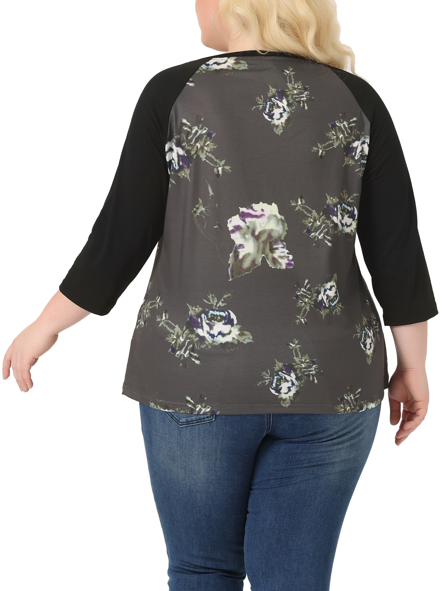 DARING DIVA Women's Plus Size Raglan Crewneck 3/4 Sleeve Floral Tunic Tee 4X Coffe